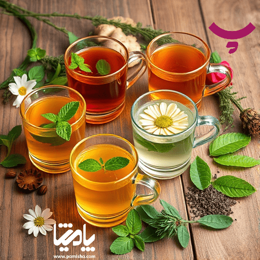 مجموعه‌ای از دمنوش‌های مفید برای پاکسازی و تقویت ریه‌ها شامل چای سبز، زنجبیل، نعناع و سایر گیاهان دارویی در پامیشا