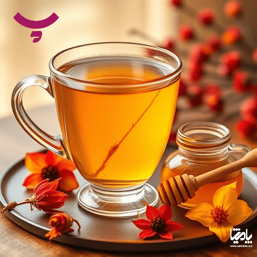 دمنوش زعفران و عسل با رشتههای زعفران و مقداری عسل طبیعی که به آرامسازی سیستم تنفسی و تقویت سیستم ایمنی کمک میکند پامیشا