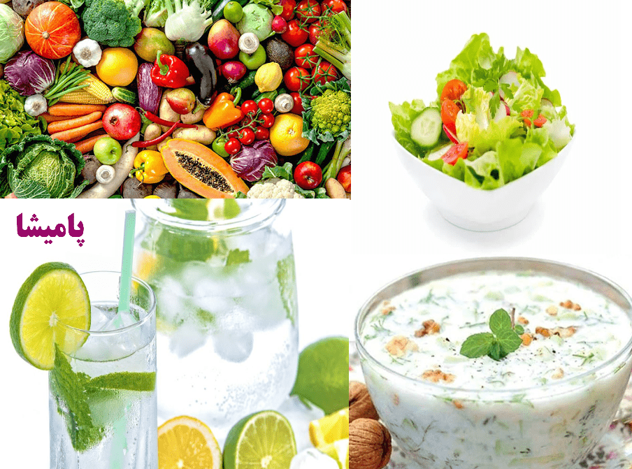 سینی غذایی حاوی میوه‌ها، سبزیجات و غذاهای سبک تابستانی
